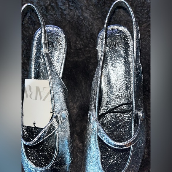 NWT Zara Silver Metallic Effect Slingback Ballet Flats Mules Slides Women 38 7.5 - Picture 9 of 14